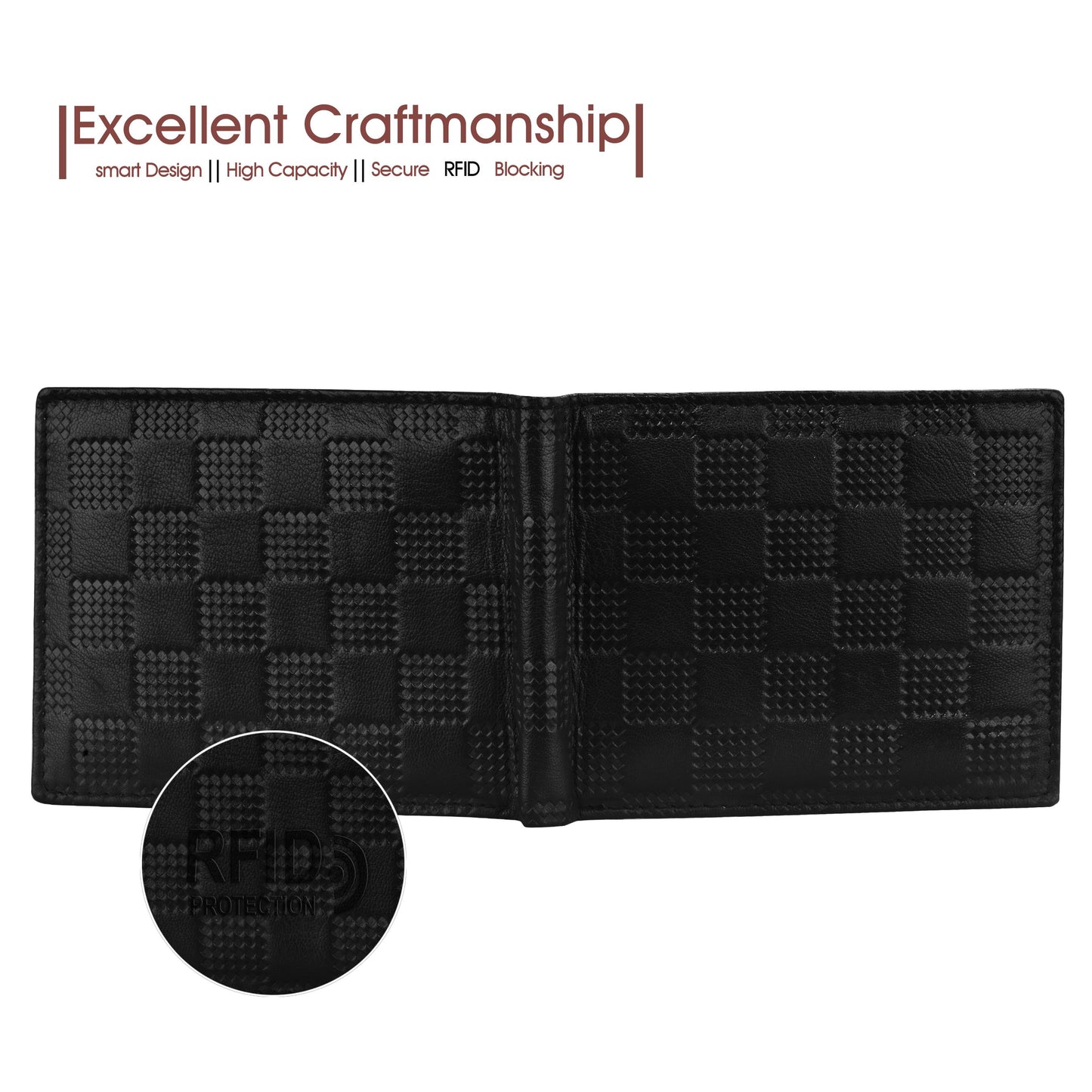 Lorenz Bi-Fold Embossed Box Pattern Black RFID Blocking Leather Wallet for Men with Zipper Coin Pocket & ID Card Feature