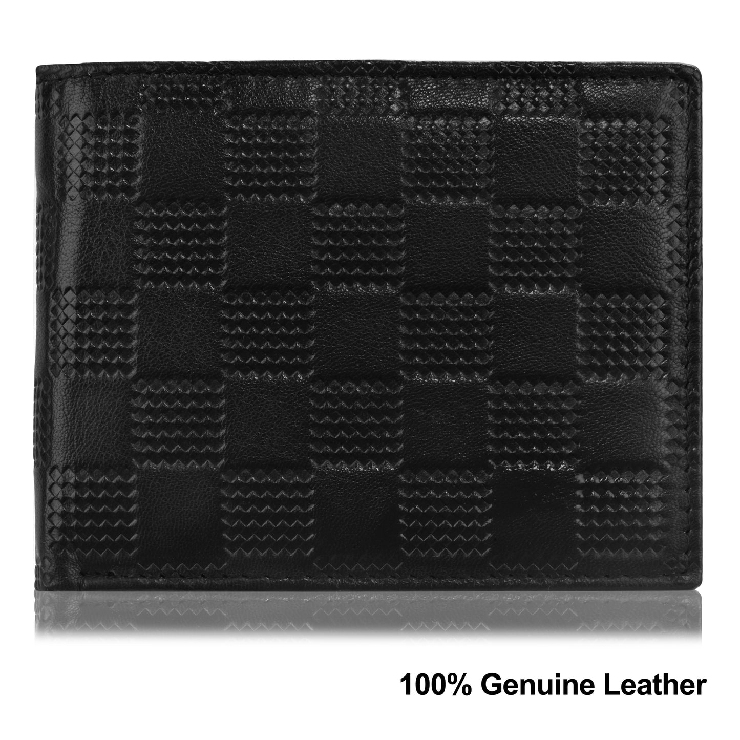 Lorenz Bi-Fold Embossed Box Pattern Black RFID Blocking Leather Wallet for Men with Zipper Coin Pocket & ID Card Feature