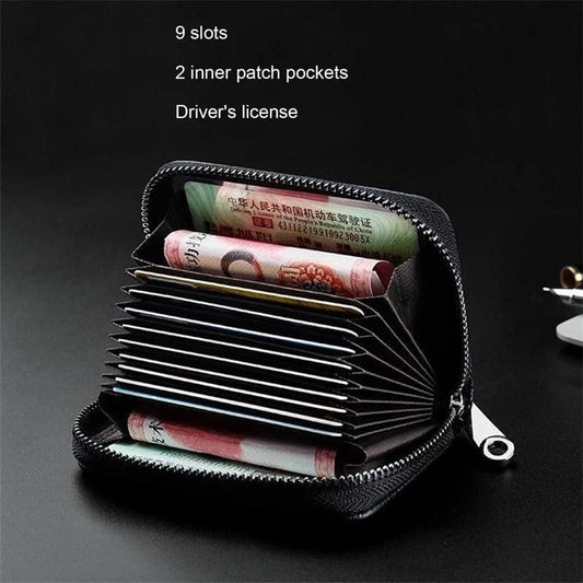 Leather Credit Card Holder Wallet with 9 Card Slots & 2 Money Pockets