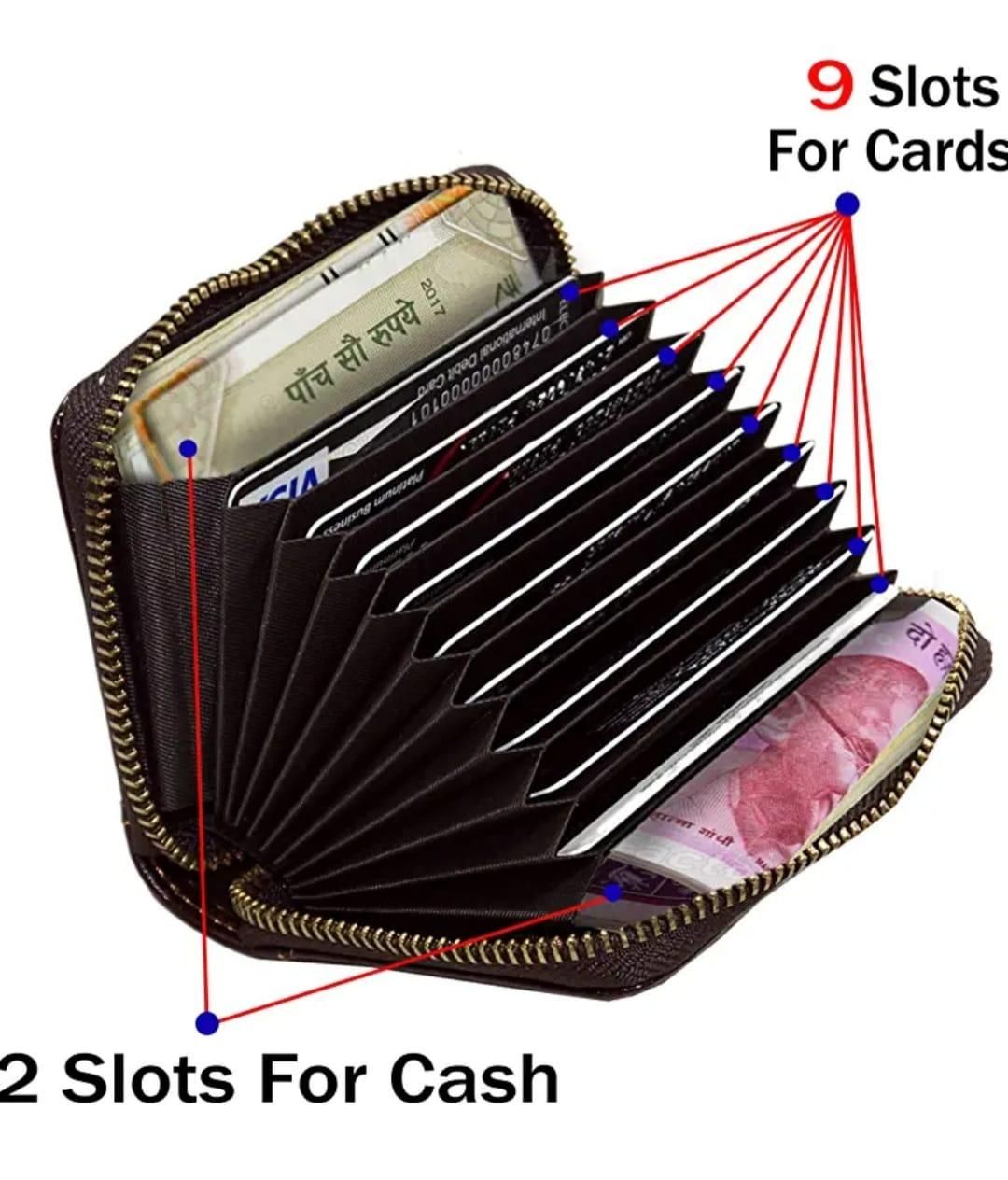 Leather Credit Card Holder Wallet with 9 Card Slots & 2 Money Pockets