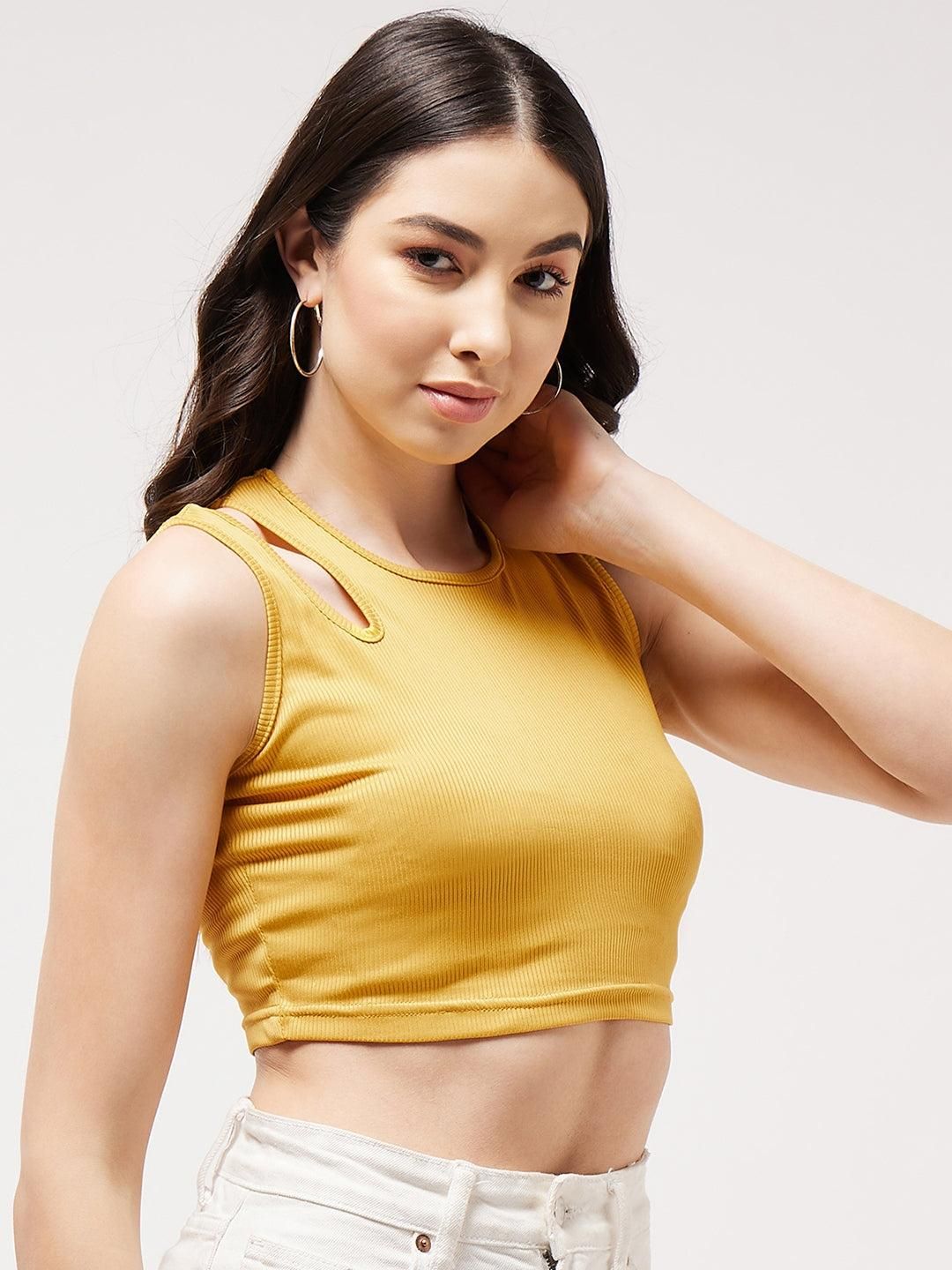 Solid Shoulder Cut-Out Rib Crop Top For Women's