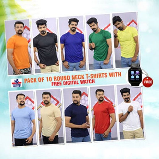 Pack of 10 Half Sleeves Round Neck T-shirts with Free Digital Watch