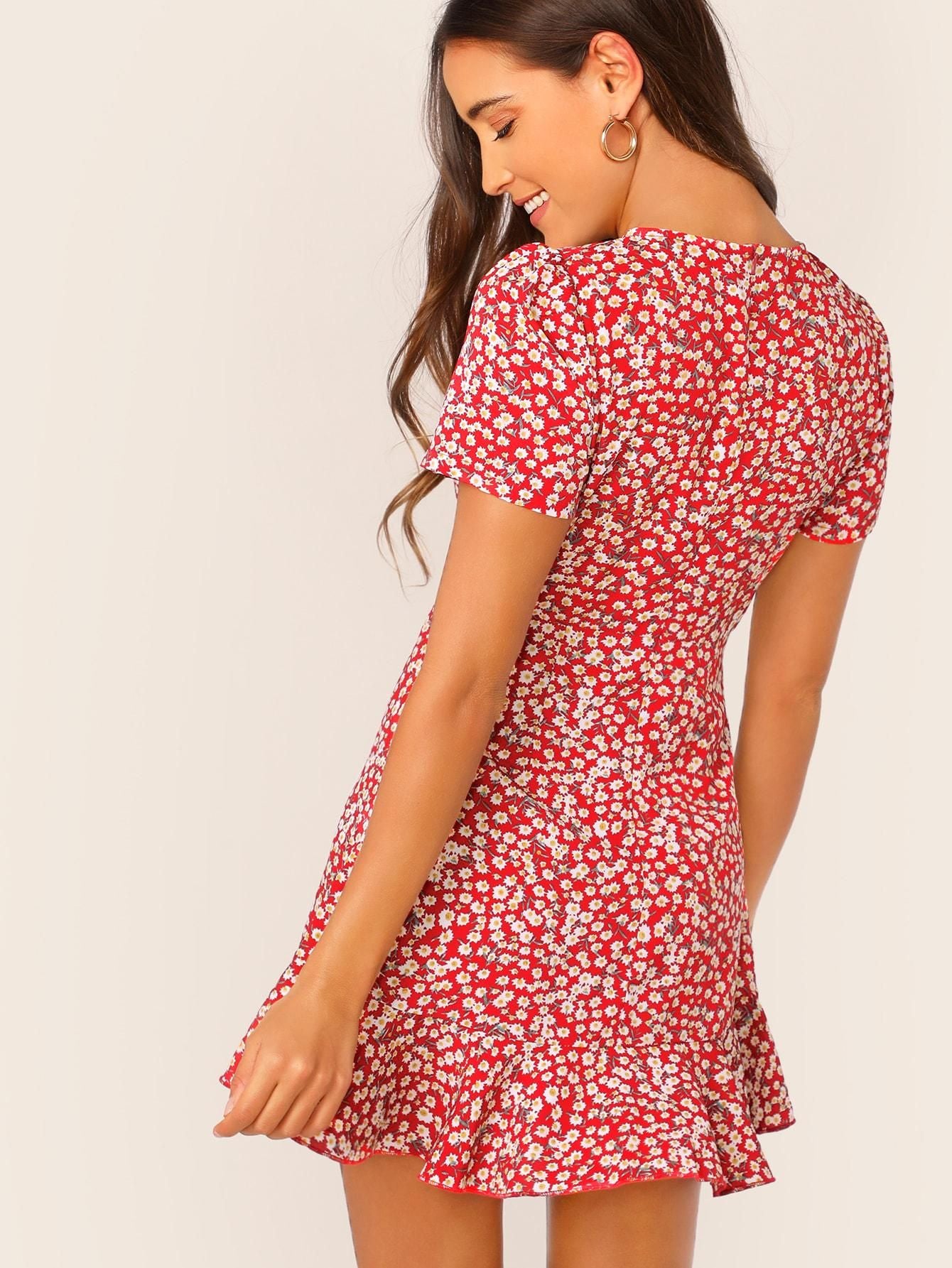 AAHWAN Women's Red Ditsy Floral Print Short Sleeves Mini Short Dress