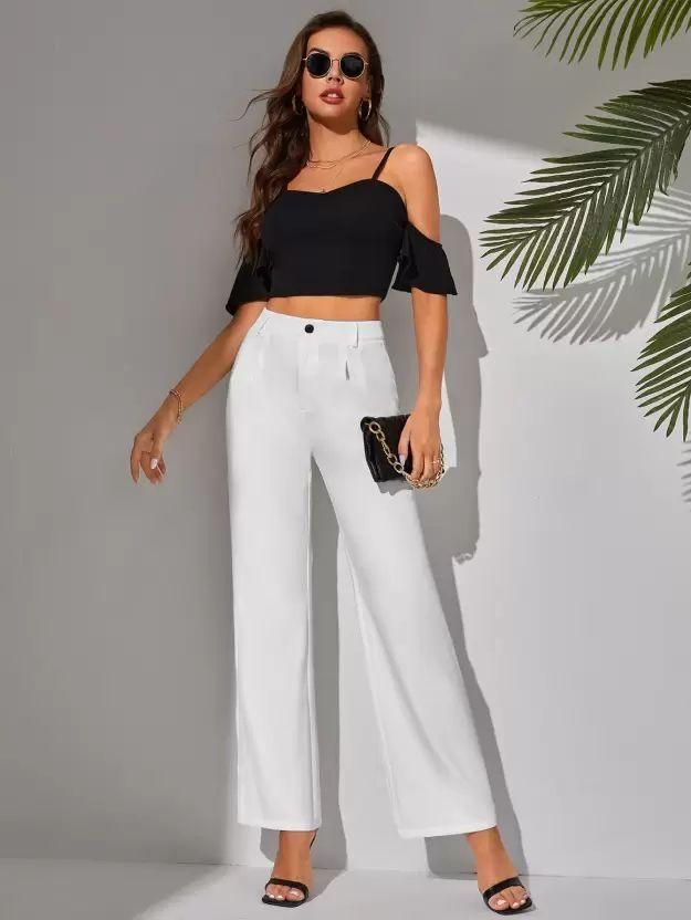 Elegant White Lycra Solid Trousers For Women's