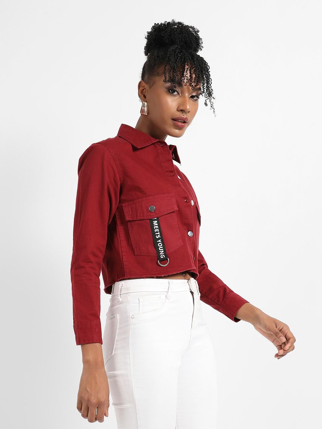 Campus Sutra Women's Cropped Jacket With Flap Pocket