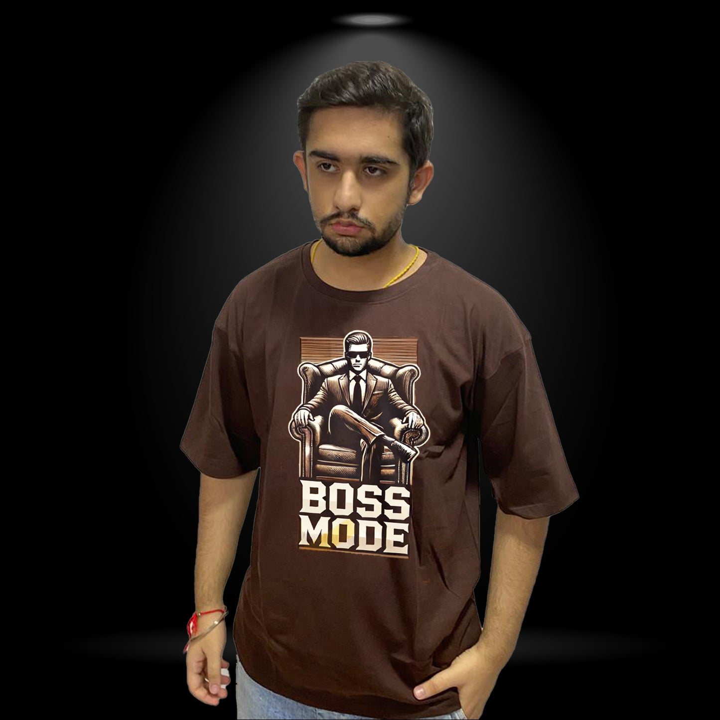 BOSS MODE ,Dark Brown Oversize Round Neck T shirt